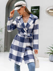 Blue and white check belted coat with V-neck front, lapels, and long tie waist