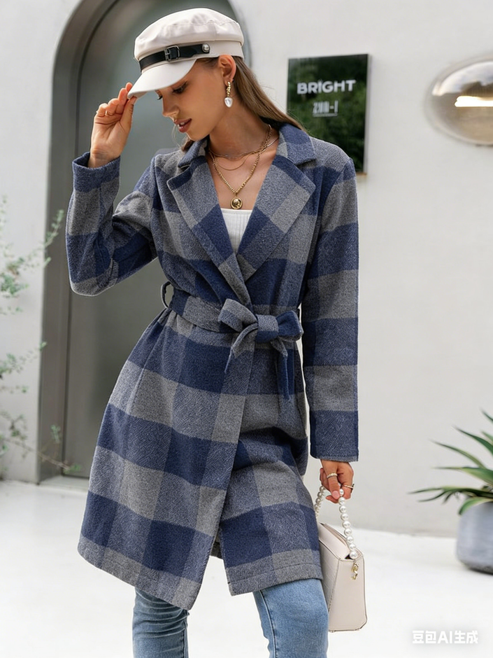 Blue and white check belted coat with long sleeves, lapels, and tie waist