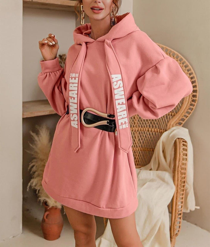 Light pink oversized hoodie dress with drawstring, long sleeves, front kangaroo pocket
