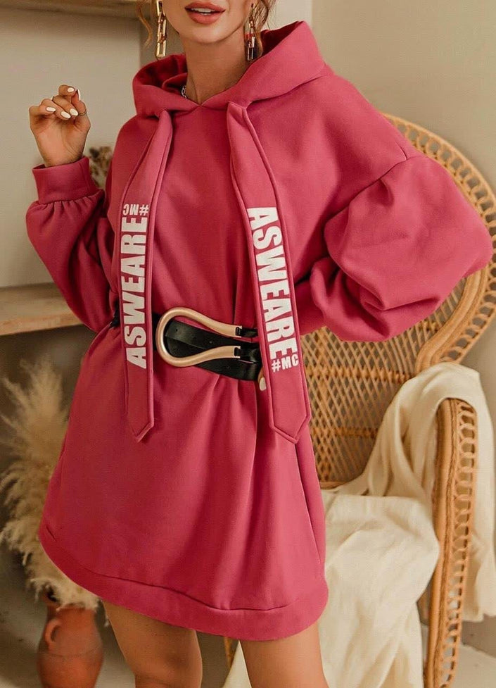 Deep pink oversized hoodie dress with drawstring, long sleeves, front kangaroo pocket