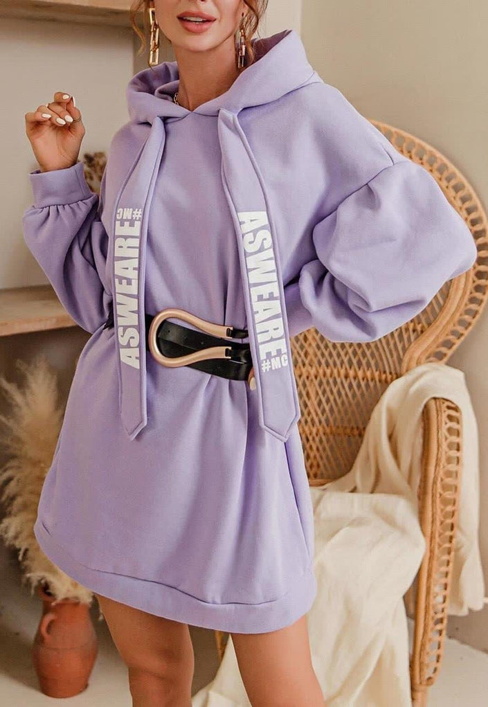 Lavender oversized hoodie dress with drawstring, long sleeves, front kangaroo pocket