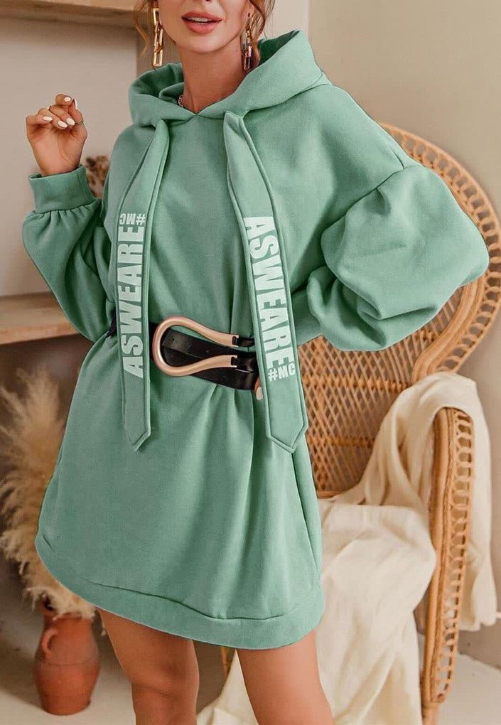 Sea-green oversized hoodie dress with drawstring, long sleeves, front kangaroo pocket