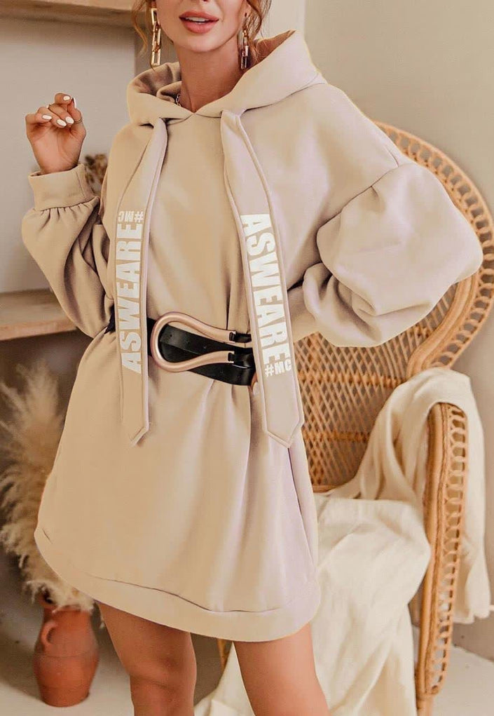 Beige oversized hoodie dress with drawstring, long sleeves, front kangaroo pocket