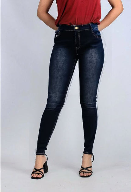 High-waist skinny jeans, dark wash fade, button-zip closure