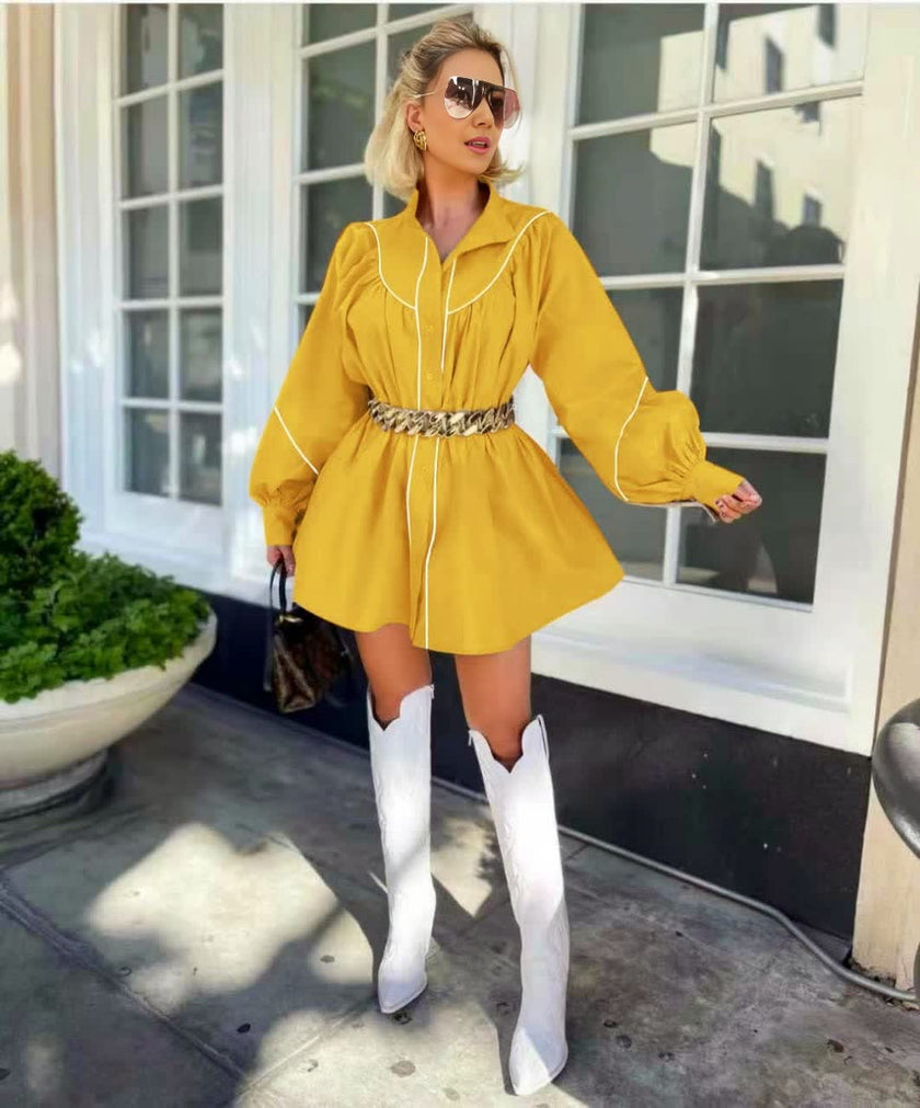 Yellow puff sleeve mini dress with front button placket and cinched waist