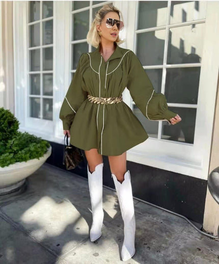 Dark-olive mini dress with long sleeves, V-neck and gold waist belt tie