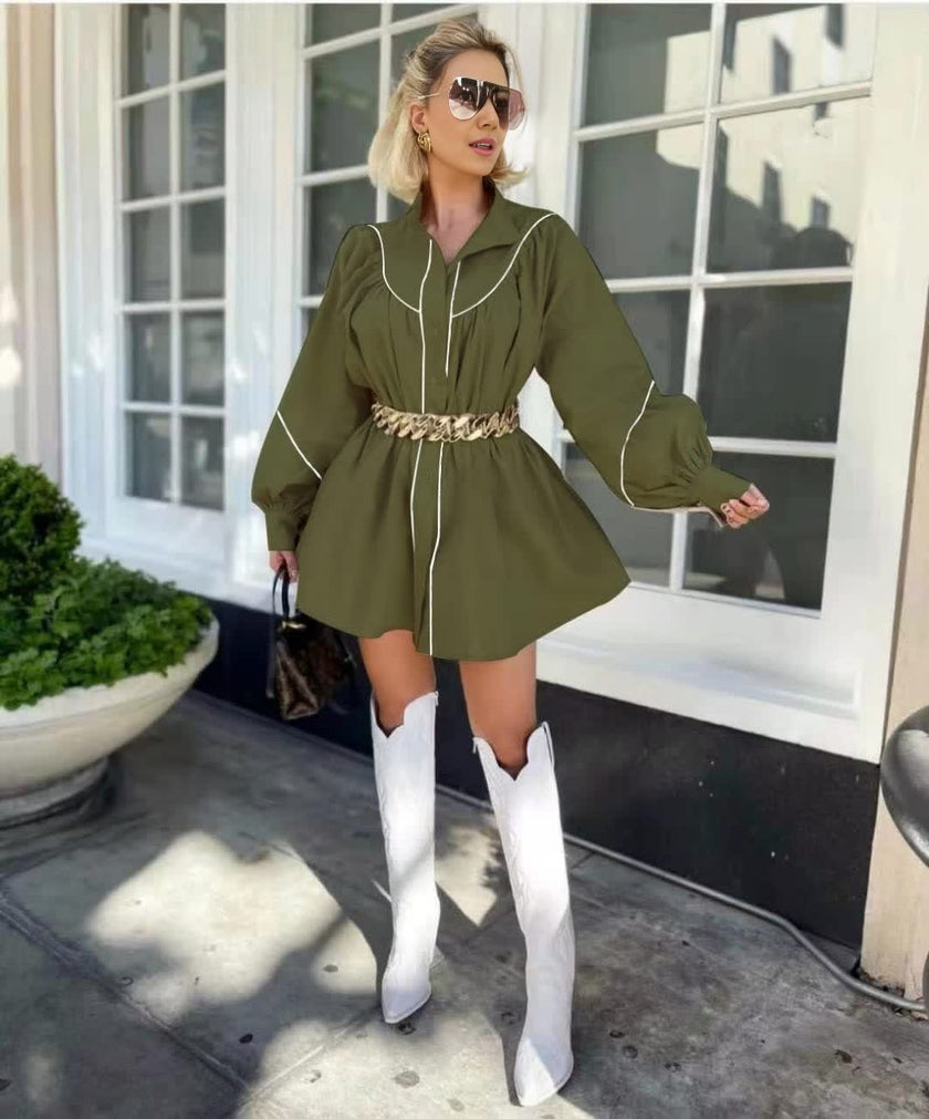 Dark-olive-green puff sleeve mini dress with front button placket and cinched waist