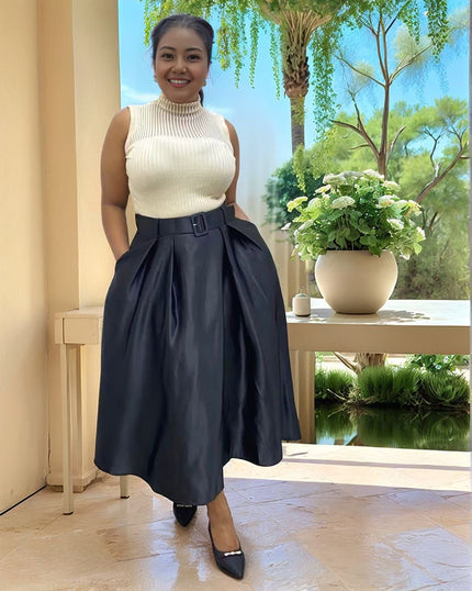 Top Sleeveless Ribbed Knit High Neck Stripe Slim Chic