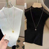 Sleeveless Ribbed Knit Top  High Neck & Semi-Sheer Stripe Detail  Slim Fit Tank