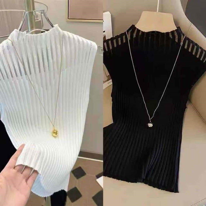 Ribbed knit sleeveless high-neck top, white and dark
