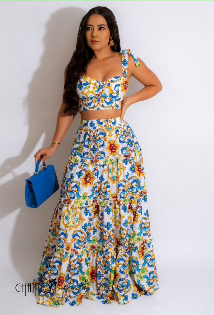 Floral Twin Set Cropped Top High Waist Maxi Skirt Chic