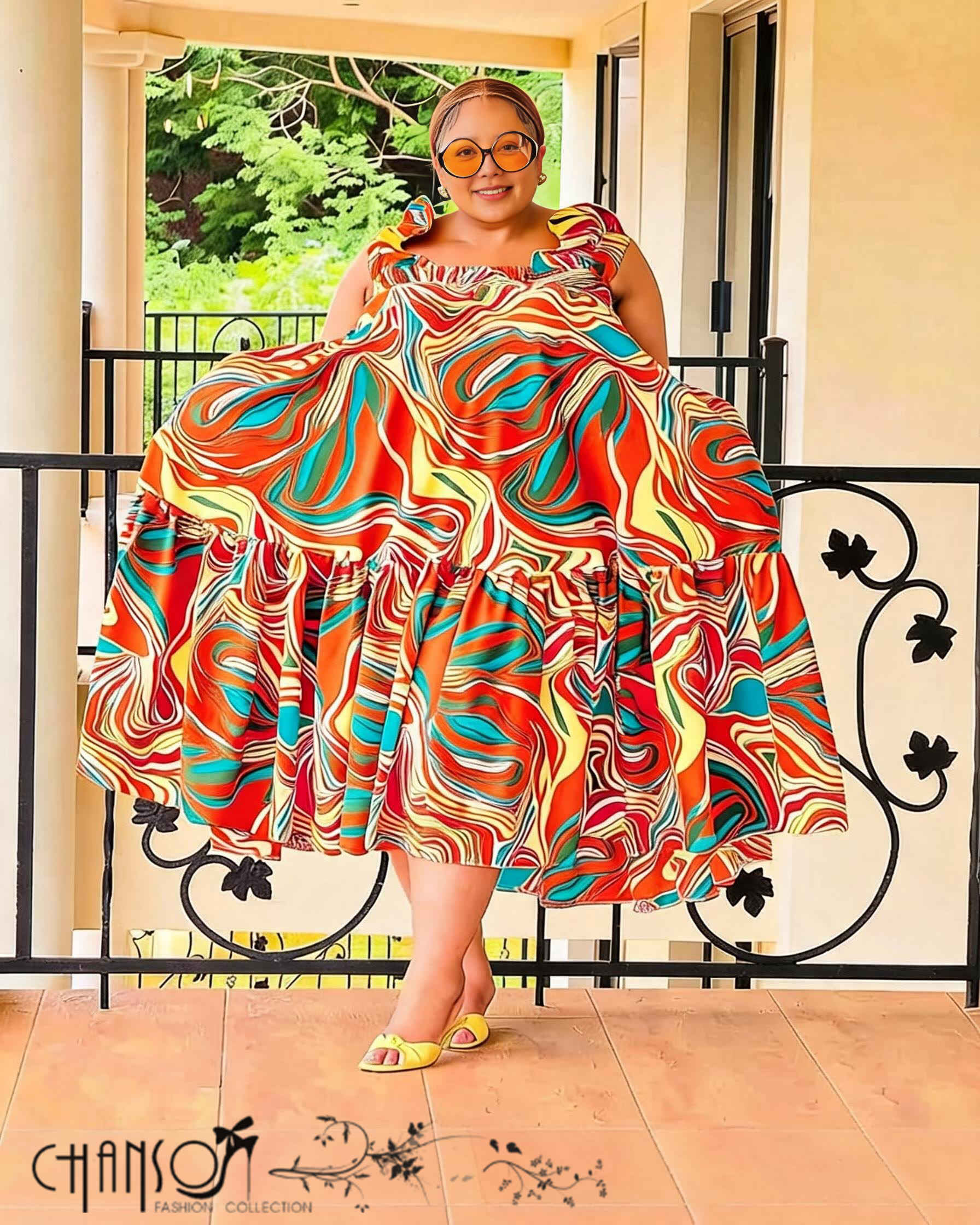 Women's plus size colorful abstract swirl print flared midi dress