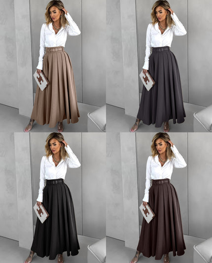 Pleated maxi skirt with belted high waist and full A-line silhouette