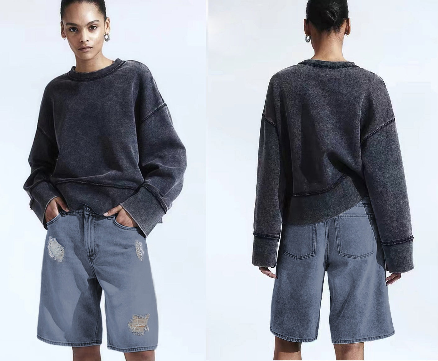 Distressed knee-length denim shorts, loose fit, light blue wash with rips