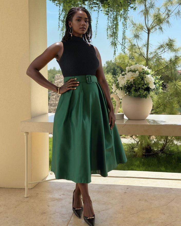 Dark-green pleated midi skirt with high waist belt