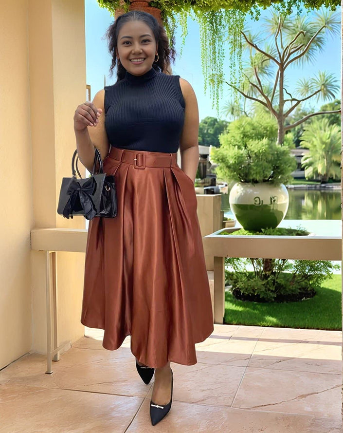 Coffee-brown pleated midi skirt with high waist belt