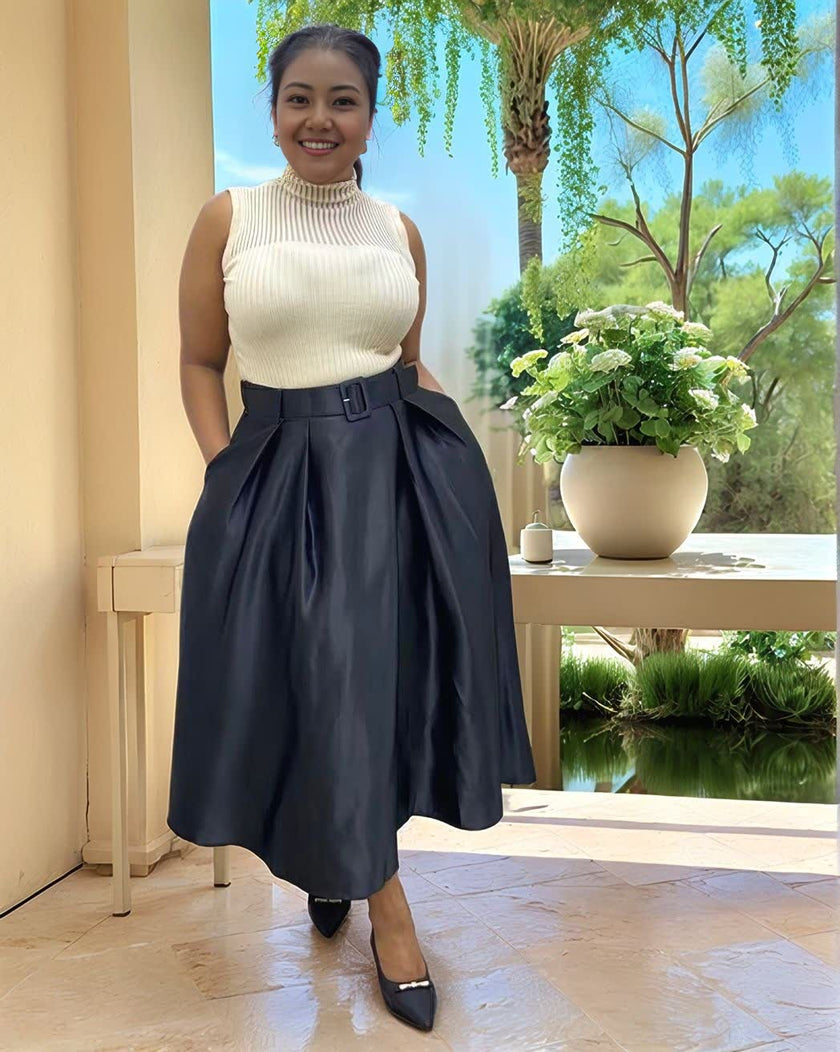 Black pleated midi skirt with high waist belt