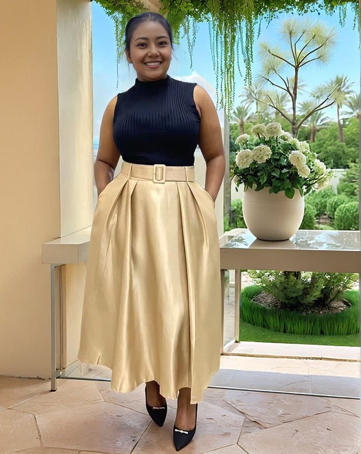 Tan pleated midi skirt with high waist belt