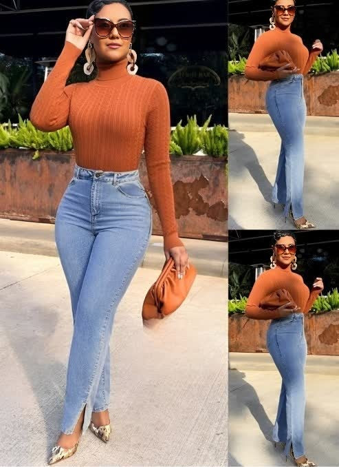 Light blue flared jeans with a stretch waistband and long straight-to-flare legs