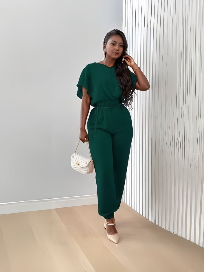 Dark-green twin set: short-sleeve top with elastic waist jogger pants