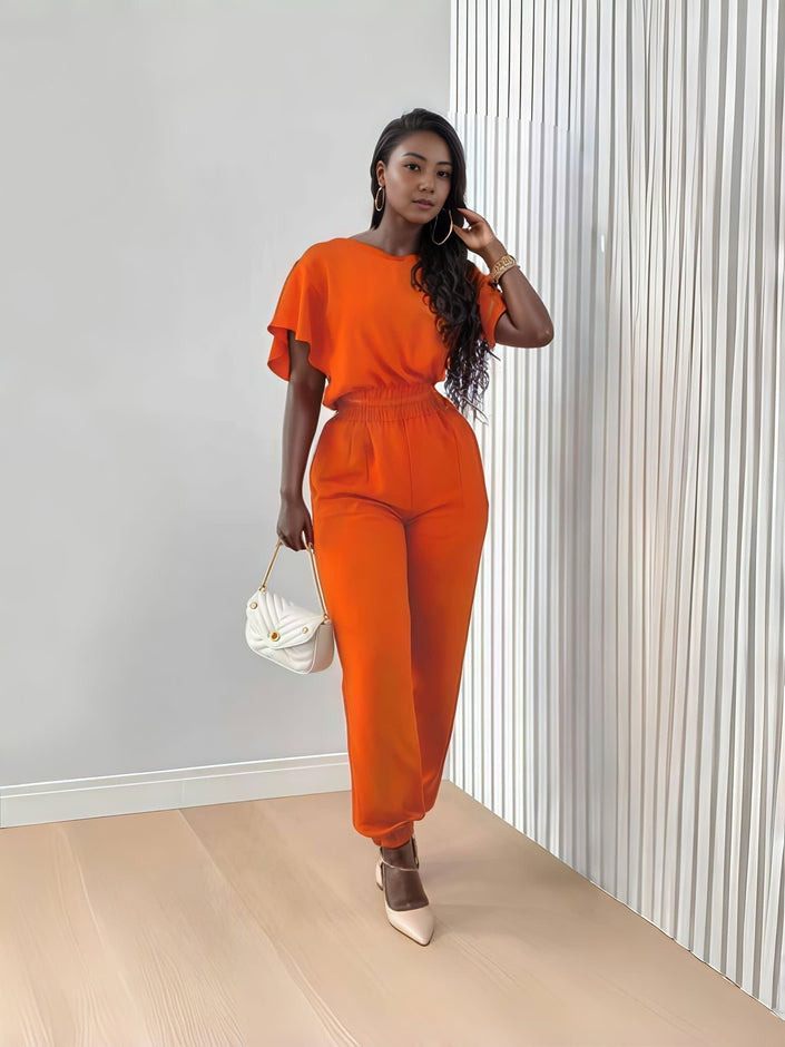 Orange-red twin set: short-sleeve top with elastic waist jogger pants