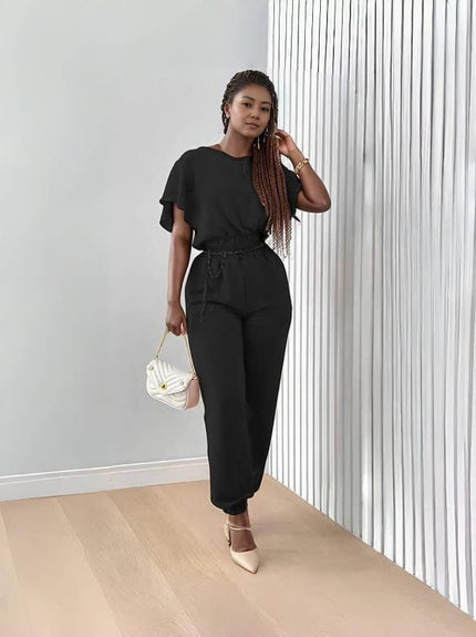 Black short-sleeve top and matching stretch-waist jogger pants set, tied belt