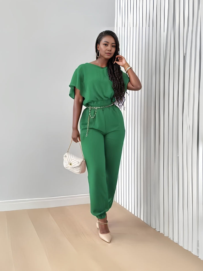 Forest-green twin set: short-sleeve top with elastic waist jogger pants