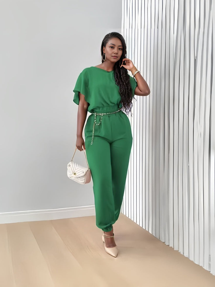Green short-sleeve top and matching stretch-waist jogger pants set, tied belt