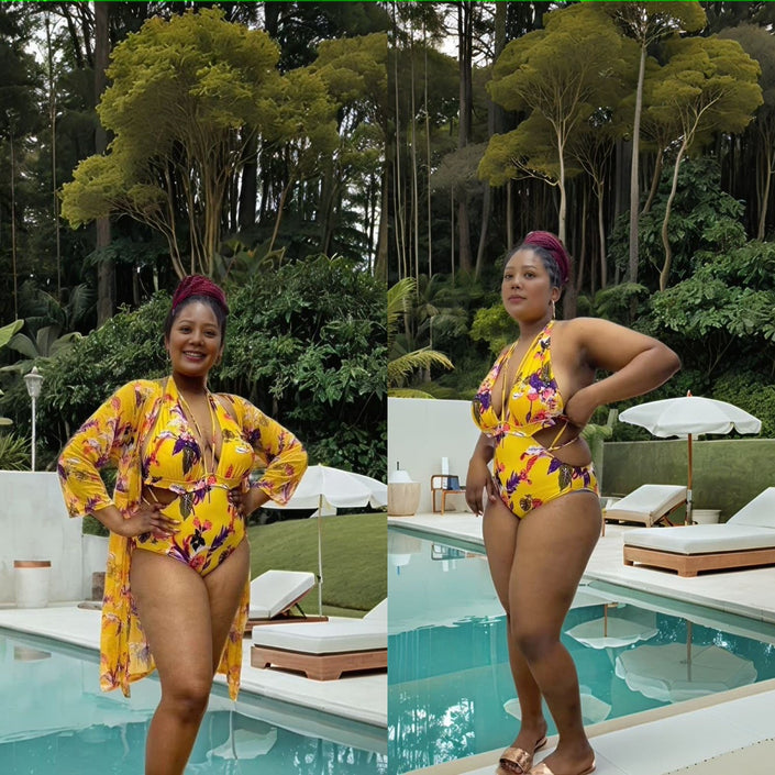 Yellow floral convertible swimsuit with open-back halter and wrap cover-up