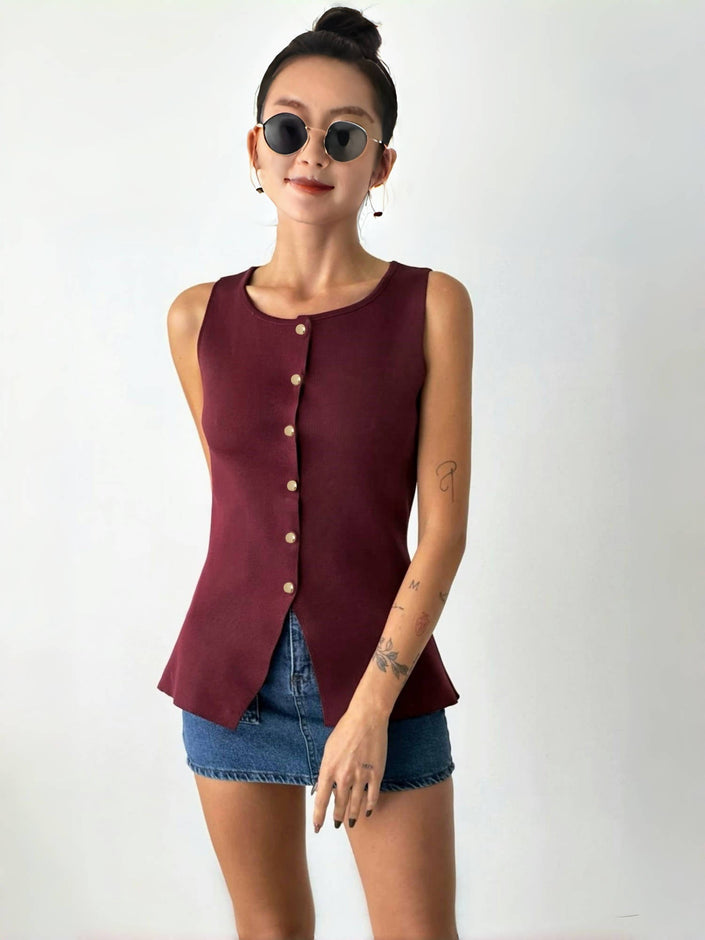 Maroon sleeveless button top with curved split hem