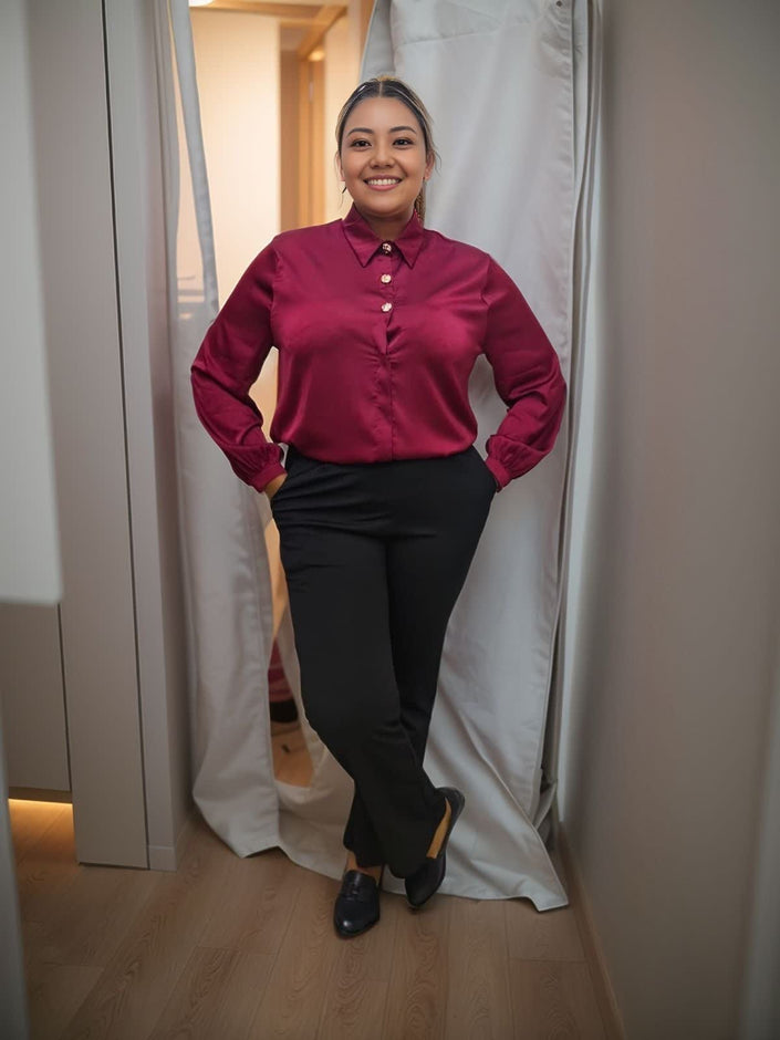 Maroon long-sleeve blouse with bow tie neckline and button front
