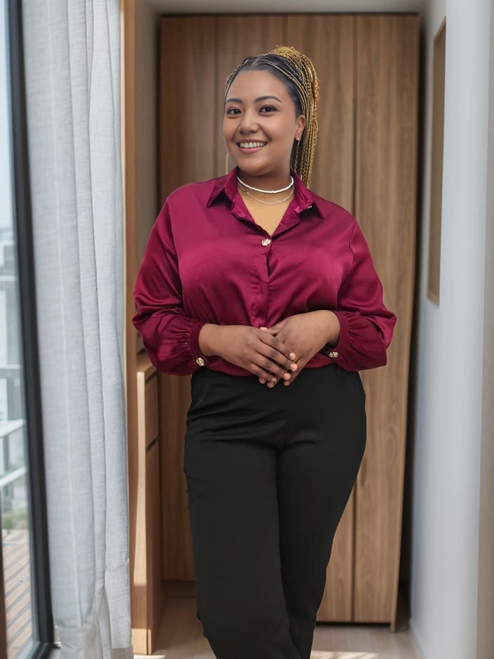 Maroon long-sleeve blouse with bow tie neckline and button front