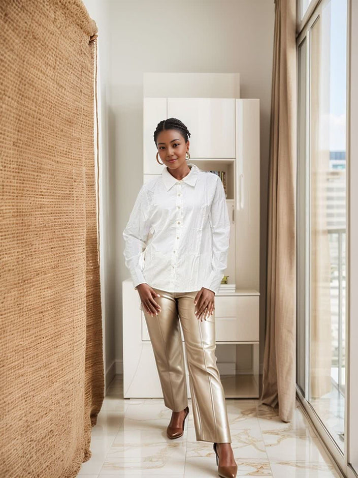 Long-sleeve classic collar shirt, white, button-front with cuffs