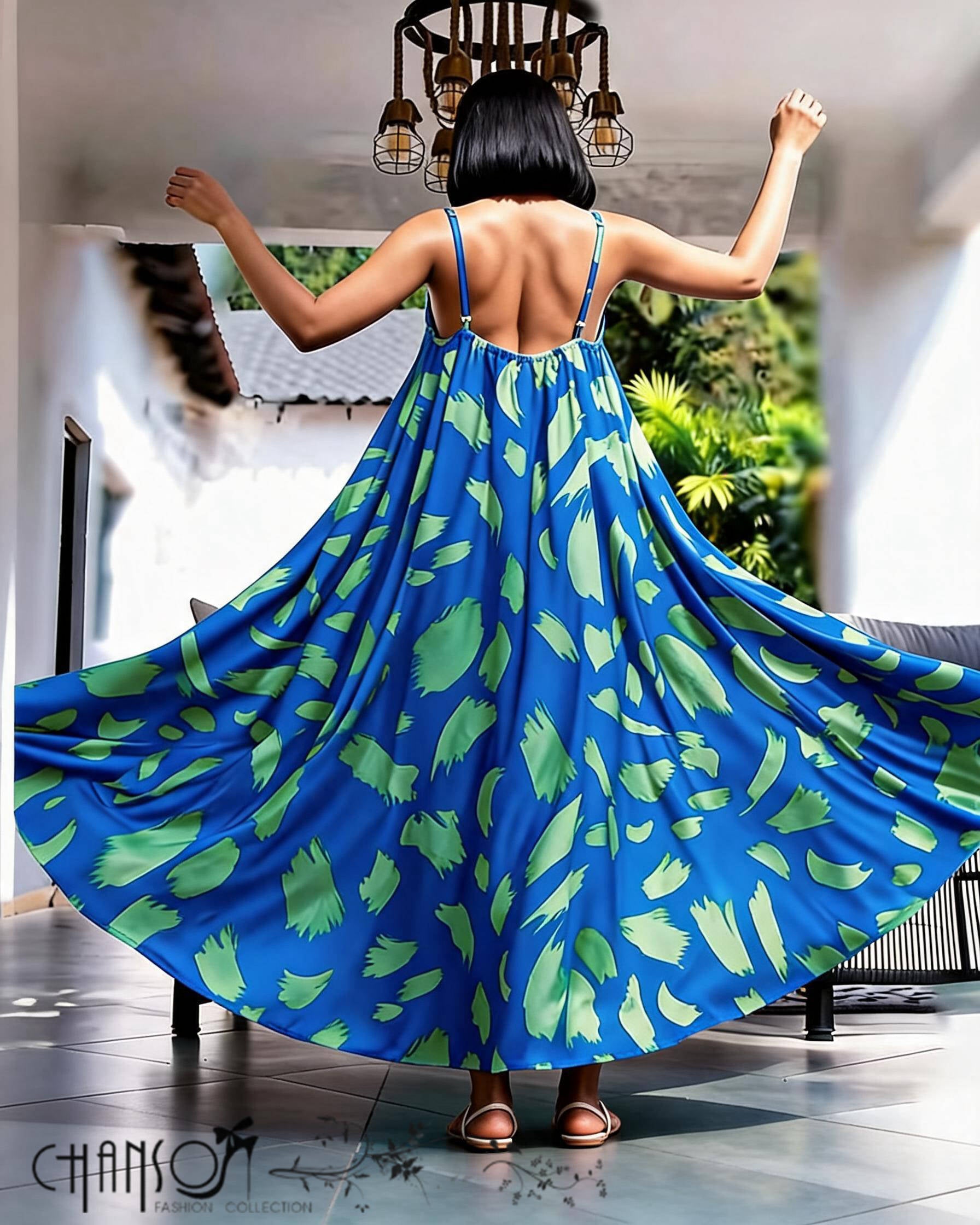 Blue green abstract print backless halter flowy maxi women's plus size dress - view 2