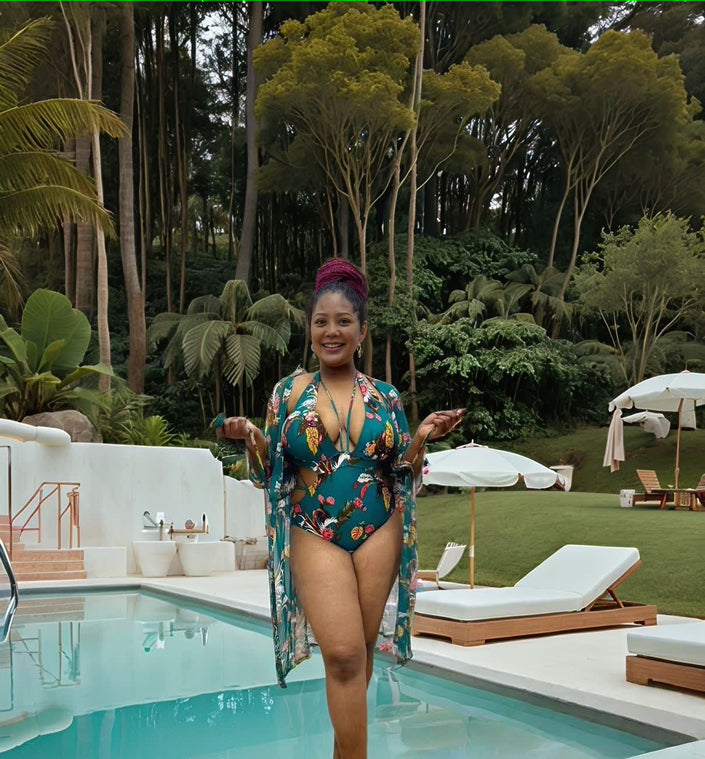 Turquoise floral convertible swimsuit with matching wrap cover-up, halter neckline