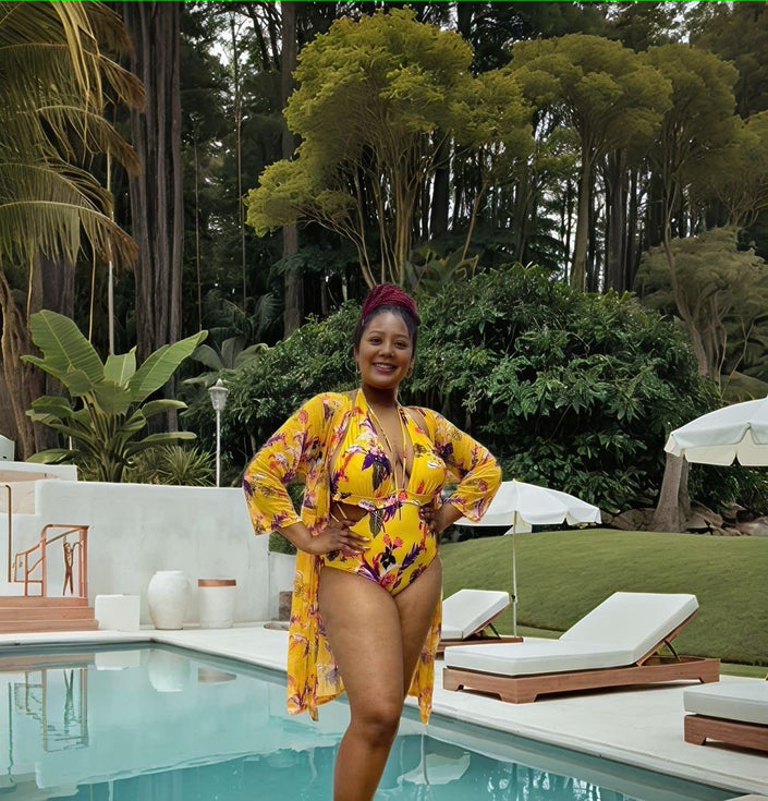 Yellow floral convertible swimsuit with matching wrap cover-up, plunging halter