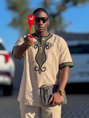 Men's khaki embroidered short-sleeve traditional top with gold front details