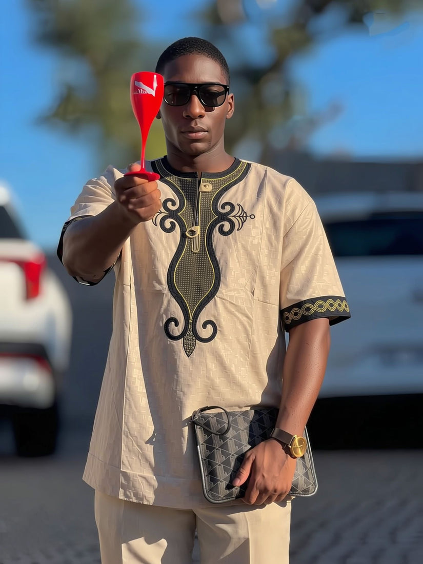 Men's khaki embroidered short-sleeve traditional top with gold front details