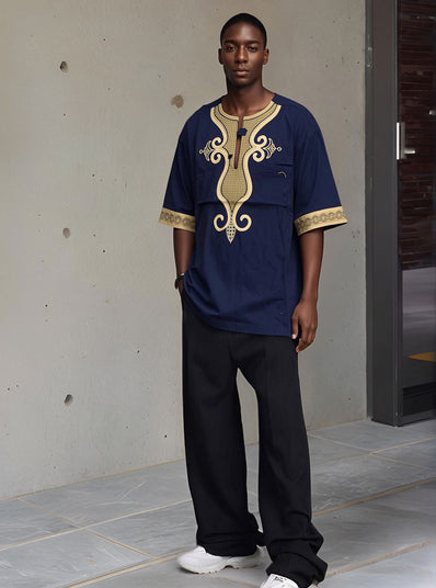 Men's navy traditional short-sleeve top with ornate gold collar and sleeve trim