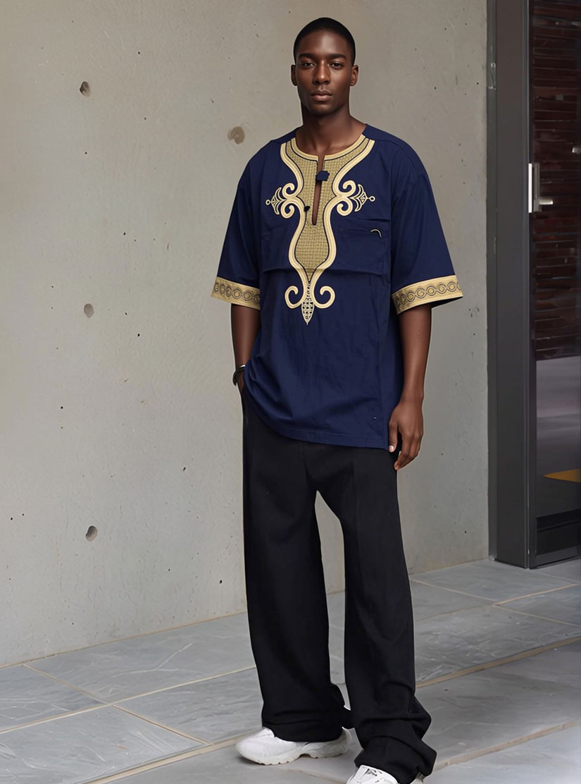 Men's navy traditional short-sleeve top with ornate gold collar and sleeve trim