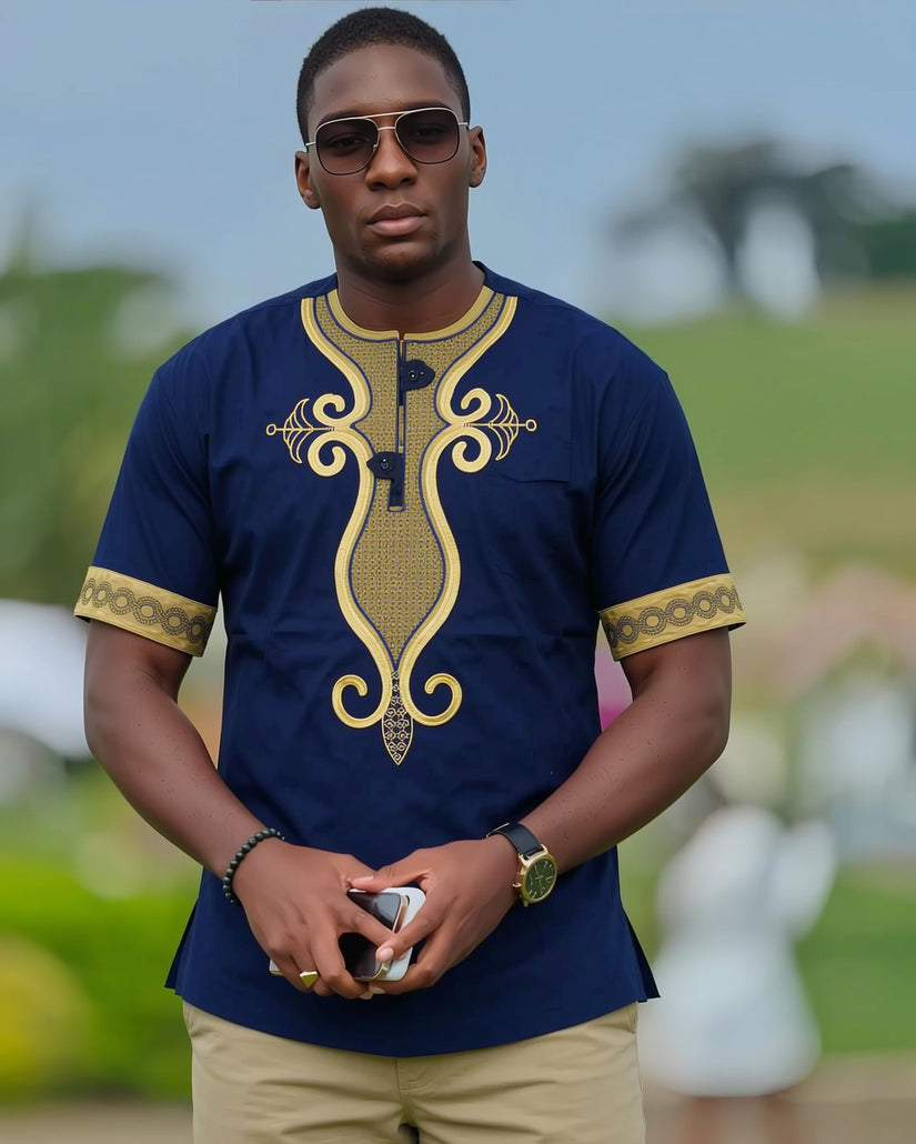 Men's navy embroidered short-sleeve top with gold front placket