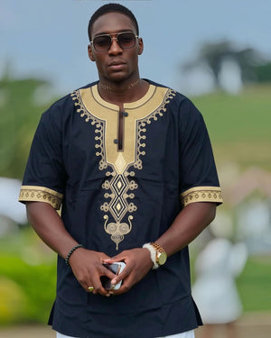 Men's navy traditional short-sleeve top with gold embroidered front and round neckline