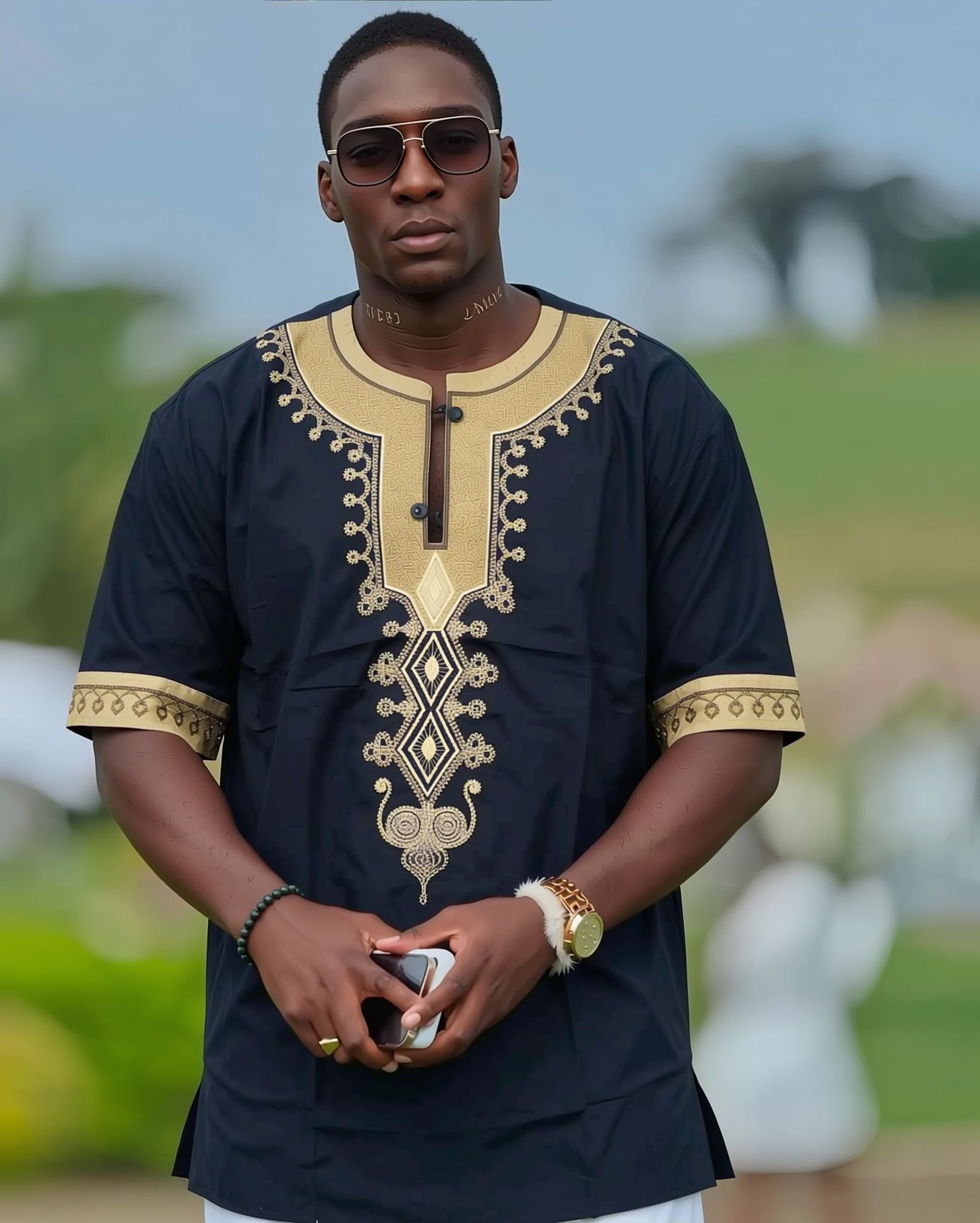 Black gold embroidered traditional short sleeve men's top
