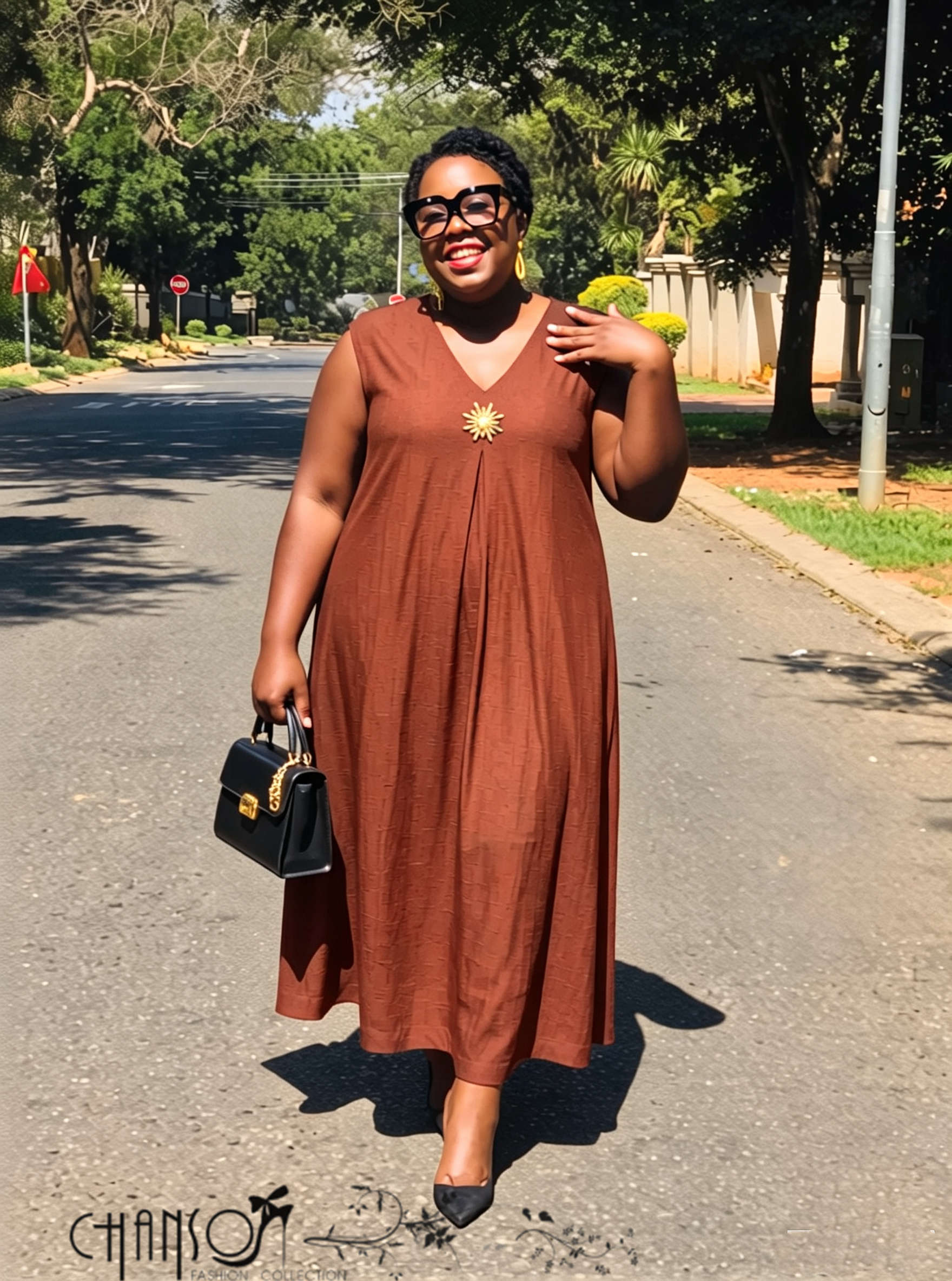 Plus size sleeveless V-neck midi dress with gold detail in two neutral shades, FashionPrice South African women's apparel - view 2