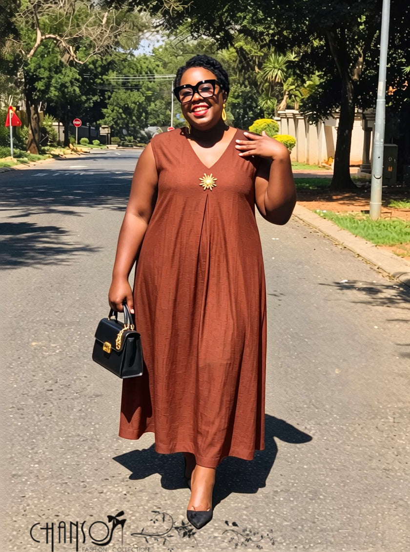 Plus size sleeveless V-neck midi dress with gold detail in two neutral shades, FashionPrice South African women's apparel - view 2
