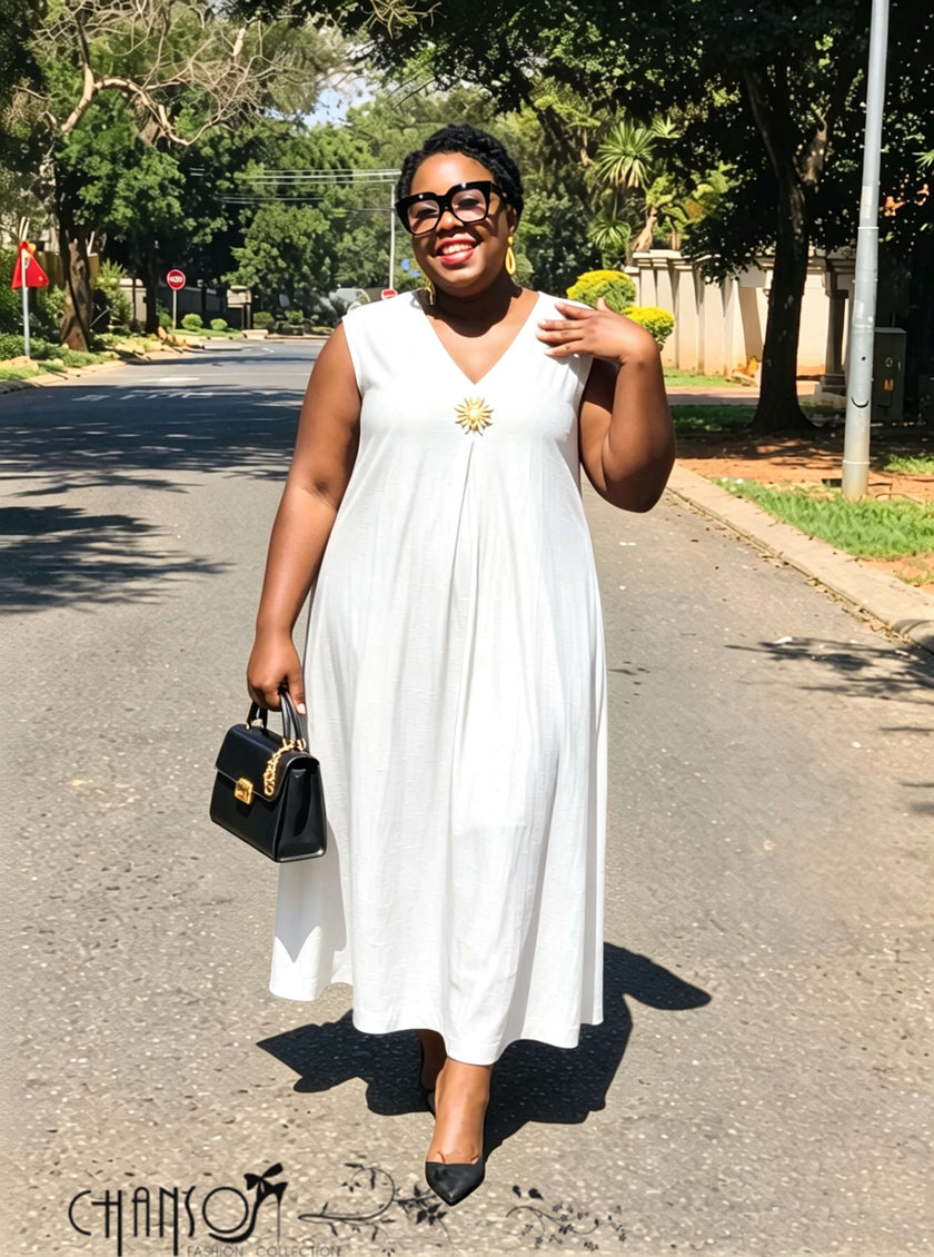 Plus size sleeveless V-neck midi dress with gold detail in two neutral shades, FashionPrice South African women's apparel - view 1