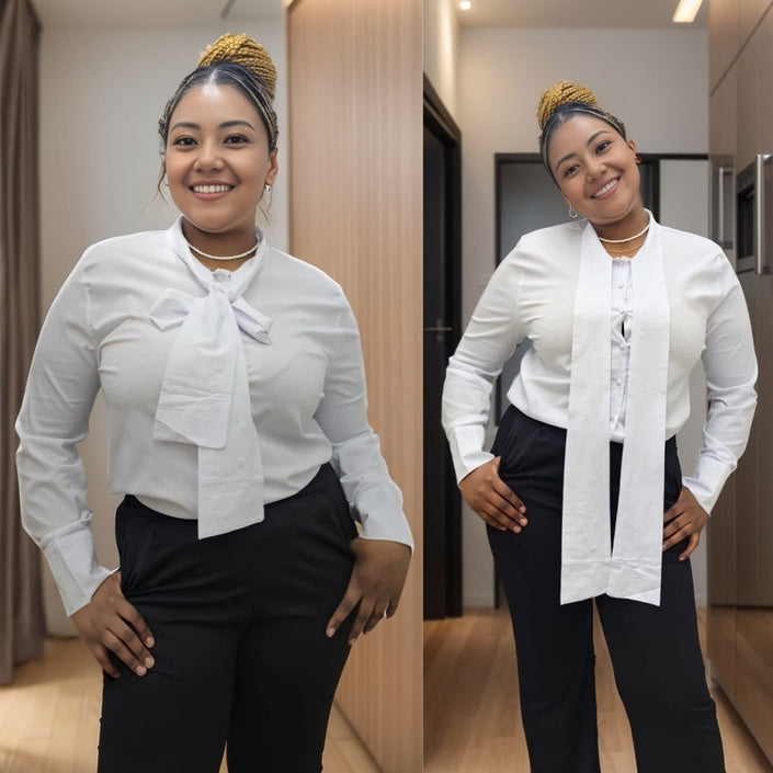 White tie-neck long-sleeve blouse with bow-tie collar and button front