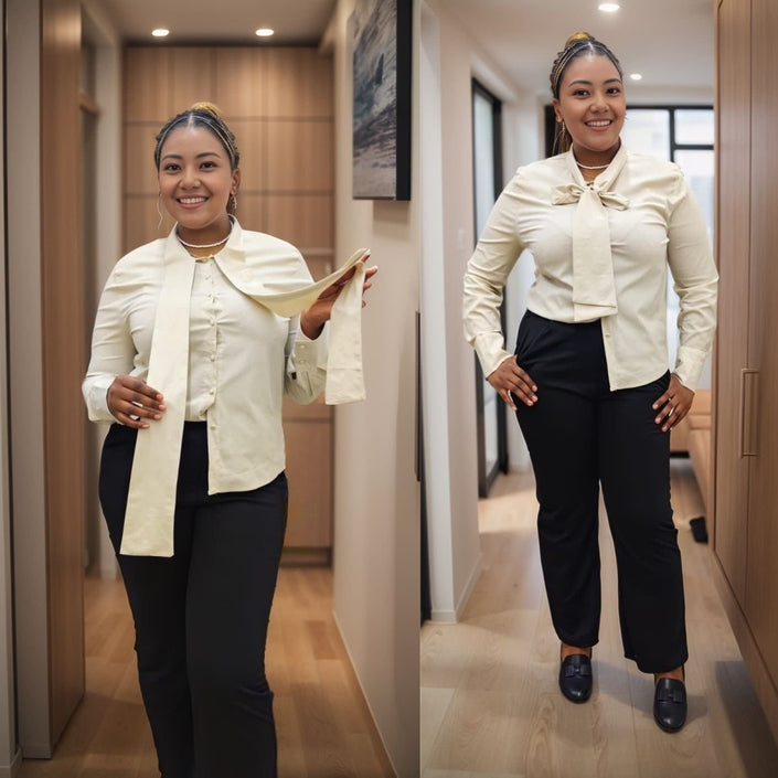 Beige tie-neck long-sleeve blouse with front bow and button placket