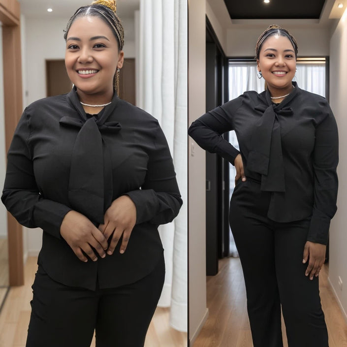 Black tie-neck long-sleeve blouse with bow collar and front button closure