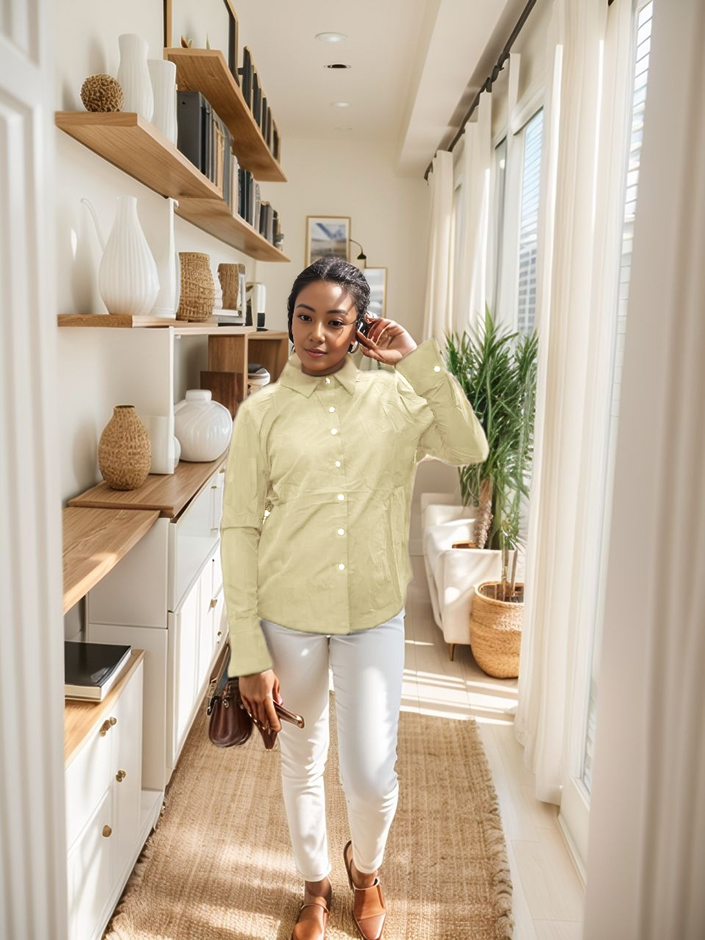 Long-sleeve classic collar shirt, light beige, button-front with long sleeves